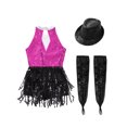 thumbnail image 6 of TSSOE Girls Shiny Sparkle Latin Salsa Ballet Fringe Tassel Jazz Dance Lyrical Dress Dancewear with Gloves Hat Set Hot Pink&Black 14, 6 of 7