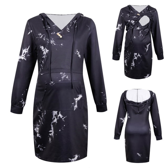 Robes de Maternité Aqestyerly Femme Décontractée Teinture sur Nœuds à Manches Longues Allaitement Enceinte Maternité Allaitement Robe à Capuche HWRETIE