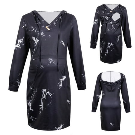 

New Year Pregnant Clothes Clearances Deals Women s Casual Tie-Dye Long Sleeve Breastfeeding Pregnant Maternity Nursing Hooded Dress
