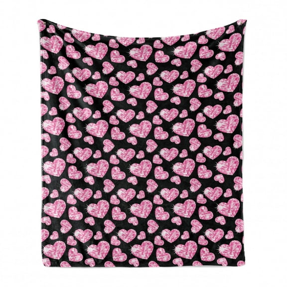 Diamonds Soft Flannel Fleece Throw Blanket, Romantic Pink Heart Stones on Black Background Valentines Day Theme, Cozy Plush for Indoor and Outdoor Use, 70" x 90", Pale Pink Black, by Ambesonne