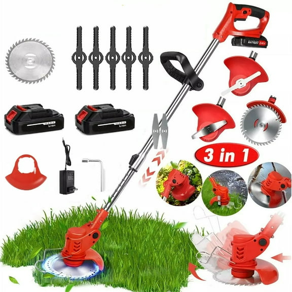 21V Electric Weed Eater, Electric Cordless Weed Wacker Electric Grass Trimmer Cordless with 2Pcs Battery and Fast Charger, 5 Nylon Blades, 2 Metal Blades
