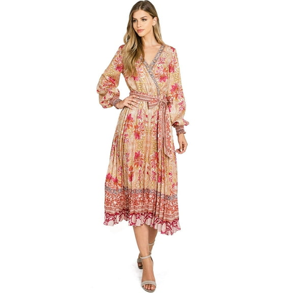 Flying Tomato Women's Elegant Chiffon Long Sleeve Pleated Dress (Small, Mustard)