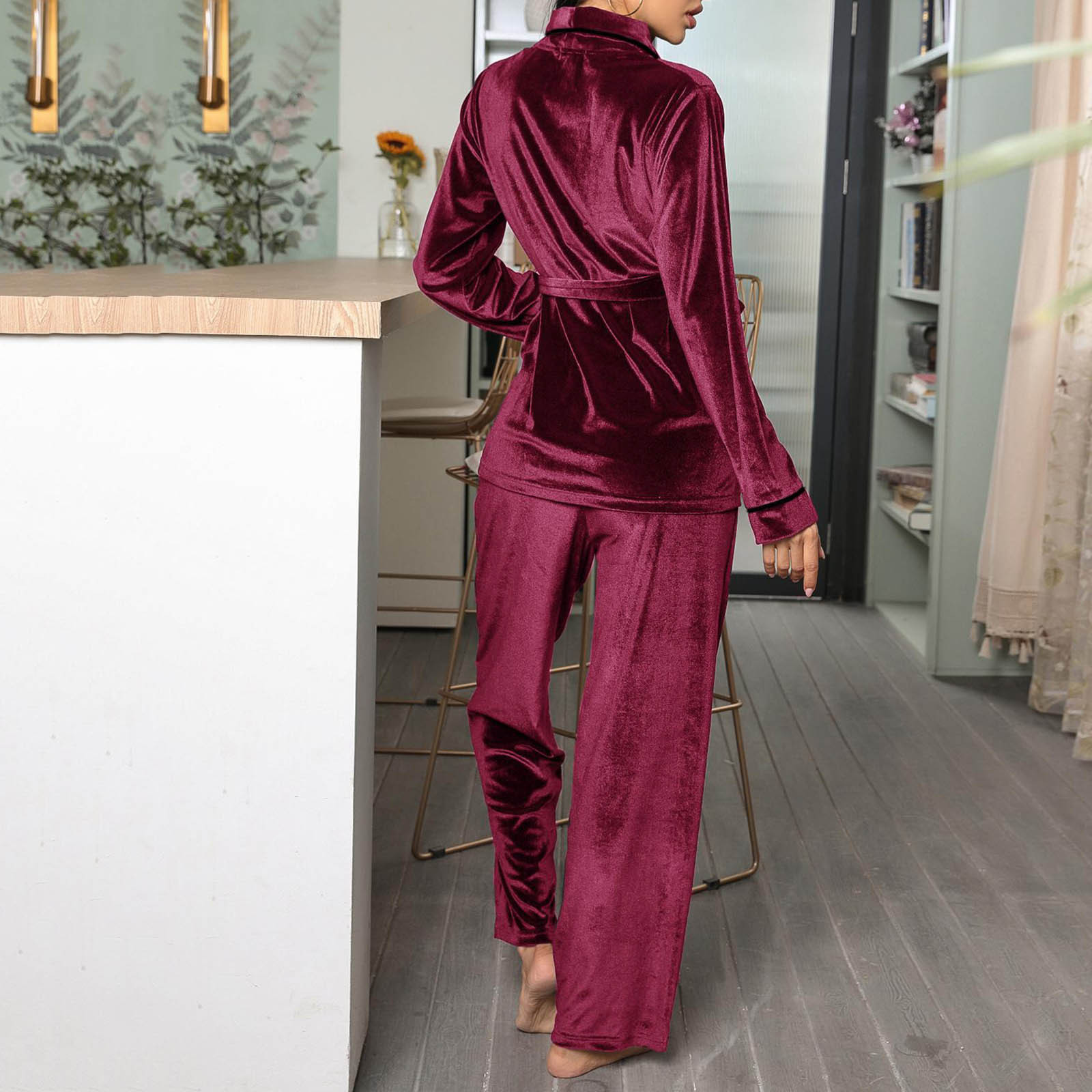 Velour Pjs for Women Sets,Ladies Velvet Pyjama Set Two Pieces Long Sleeve Casual V Neck Wrap Sweatshirt and Lounge Bottoms Nightwear Loungwear Autumn Winter Pajama Sets Sale Clearance - image 5 of 5