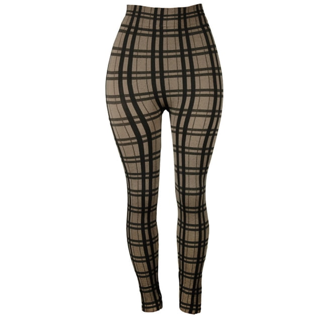 Pantalones ajustados con estampado de cuadros para mujer, pantalones ajustados informales de cintura alta, mallas elásticas a cuadros para mujer