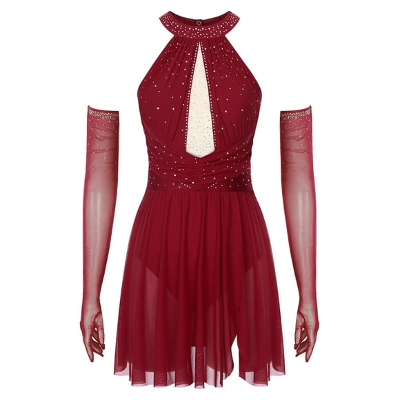 Moggemol Lyrical Dresses for Women Rhinestones Backless Ice Skating Dance Ballet Gymnastic Dancewear with Gloves Burgundy L