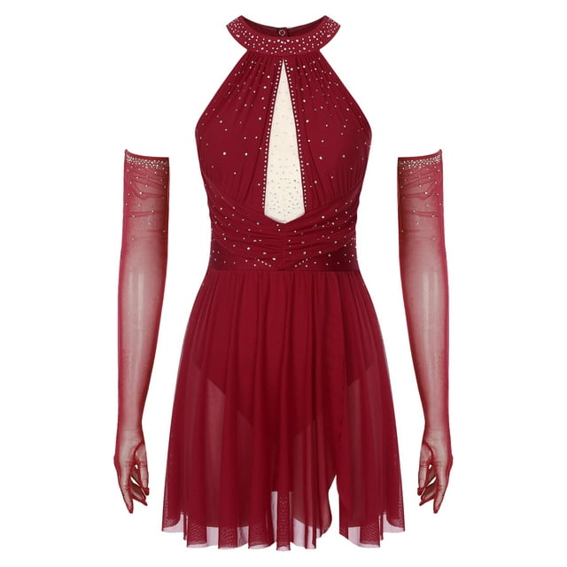 Oyolan 2 Pcs Costumes de Danse Lyrique pour Femmes Robe de Bal Fendue en Maille Froncée avec Gants Bourgogne L