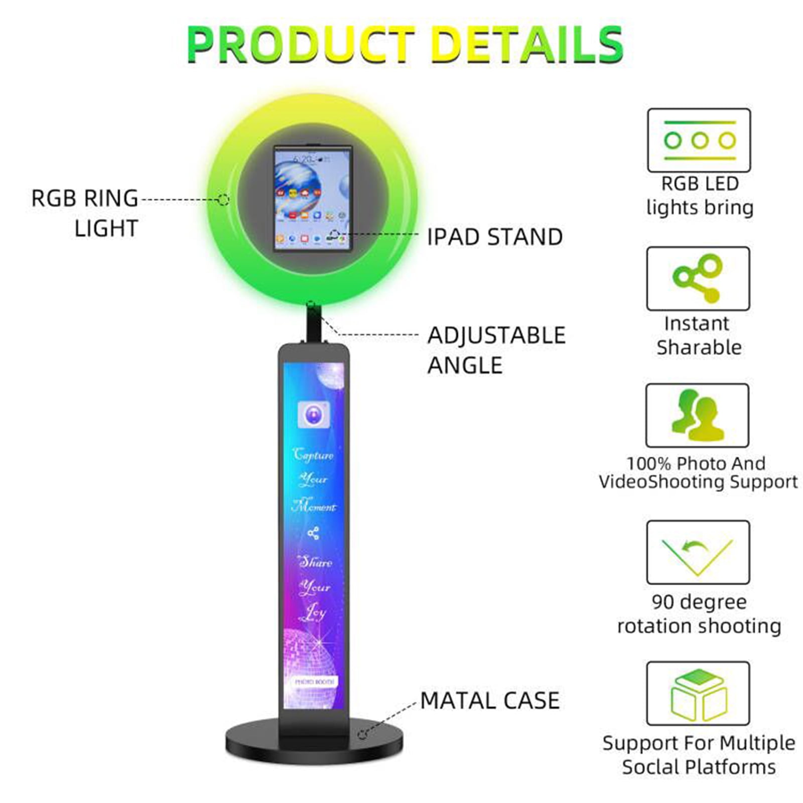 Ipad Photo Booth Compatible with Any Ipad 10.2in 10.9in 12.9in, APP Control Ring Box, Music Sync, Free customized LOGO,Flight Casa