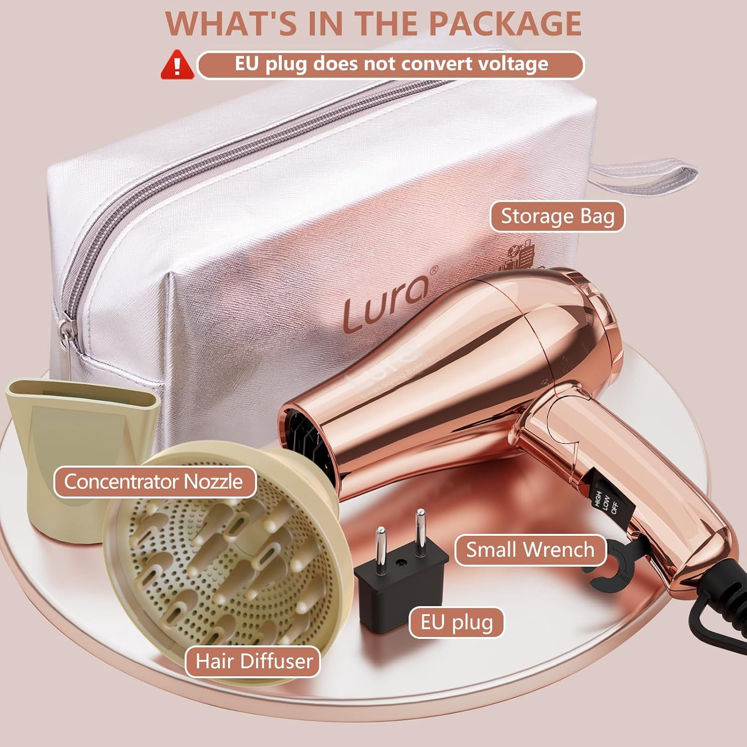Lura Mini Travel Hair Dryer with Diffuser,Dual Voltage Small Blow Dryer Foldabel with Concentrator EU Plug,Rose Gold