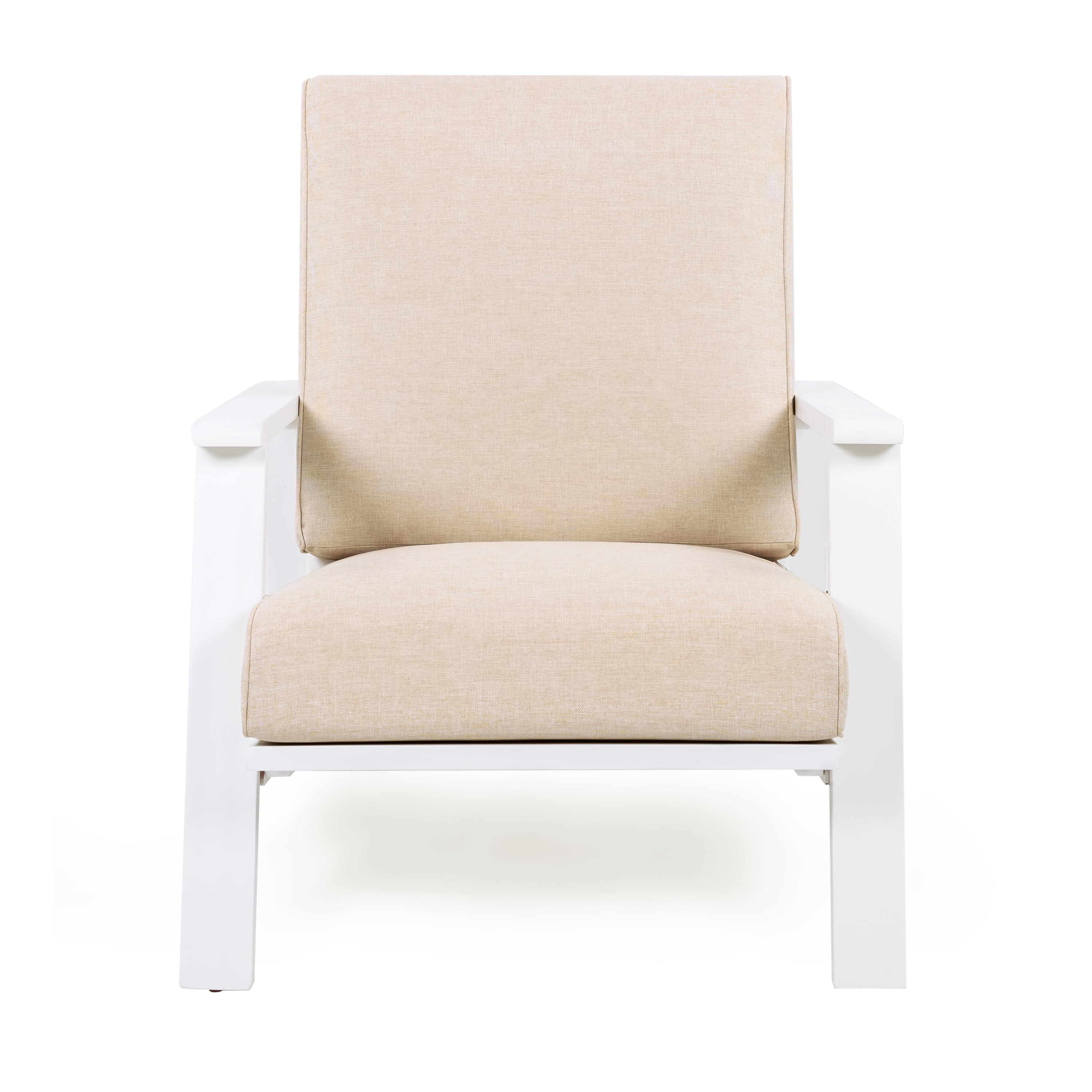 Patio Lounge Chair Outdoor Club Chair with Beige Cushion and White Acacia Wood Frame for Porch Garden, White