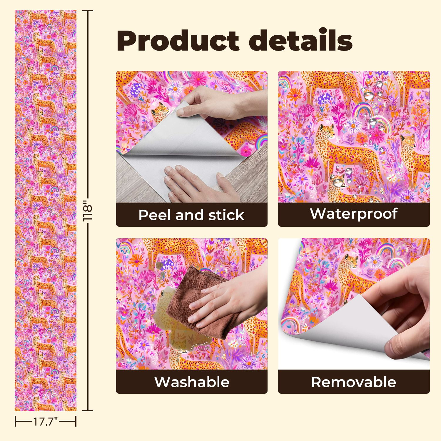 Cheetah Peel and Stick Wallpaper 17.7in x 9.8ft Leopard Print Vibrant Floral Pink Garden Rainbows Contact Paper Vinyl Waterproof Self Adhesive Wall Paper for Bedroom Shelf Cabinet Renter Friendly
