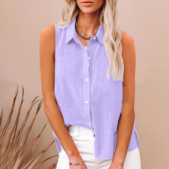 Tank Tops Blouses for Women Long Plus Size Women Sleeveless Button Shirt Collared Linen Tops Casual Loose Breathable Office Summer Tank Purple 3XL