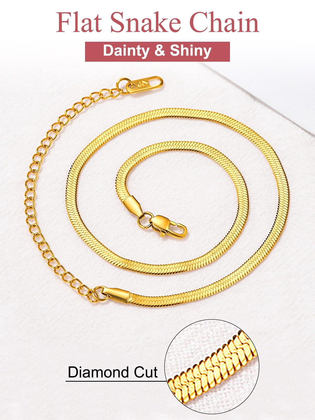 FOCALOOK Flat Snake Chain for Women Stainless Steel Gold Plated Herringbone Choker Necklace Jewelry Birthday Christmas Valentine's Day Gifts 3MM 18 Inches