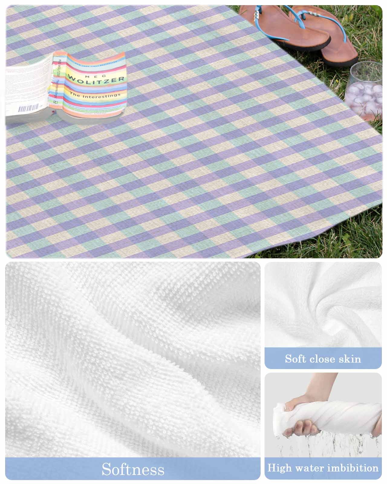 Purple Beach Towels Oversized Super Absorbent, Grid Checkered Plaid Gingham Lattice Trellis Lightweight Bath Towel Quick Dry Sets For Bathroom/Pool/Rv Camping/Beach Play/Gym Room/Picnic 23"x47"