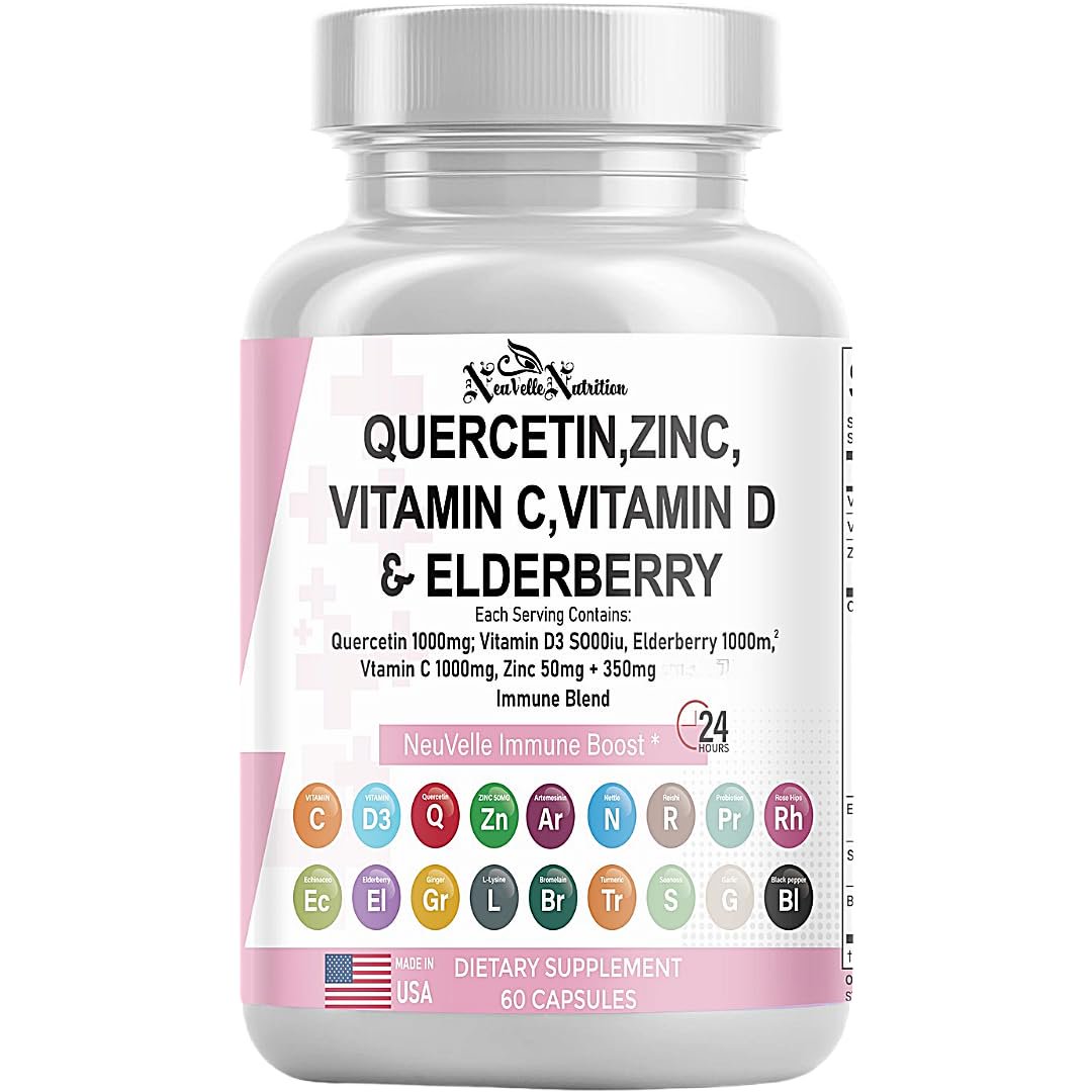 NeuVelleNutrition 18-in-1 Immune Support Supplement - Quercetin with Bromelain, Vitamin C, D3, Zinc, Elderberry, Turmeric, Ginger, Garlic, Sea Moss, Echinacea - Immune Defense & Antioxidant