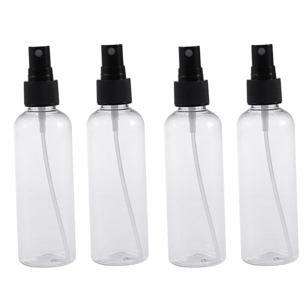 4 botellas de plástico vacías de 100 ml para maquillaje y cuidado de la piel, rellenables para viajes (botellas transparentes con pulverizador negro).