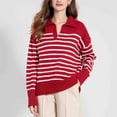 thumbnail image 6 of AGWOLF Womens V Neck Sweater Striped Ribbed Knit Jumper Shirts Lapel Collar Long Sleeve Pullover Tops, 6 of 7