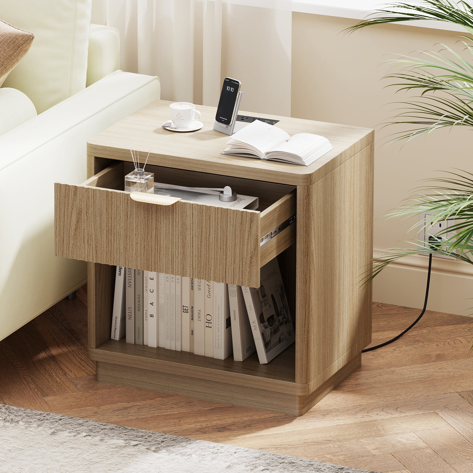 Pusnapku Fluted Night Stand, 22" Farmhouse Bedside Table with Charging Station, Curved Design Wood End Table with Drawer, for Living Room, Bedroom