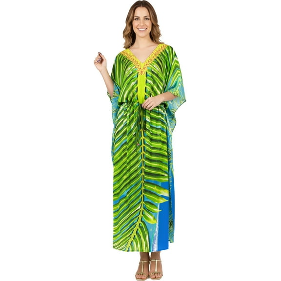 HAPPY BAY Women's Summer Loungewear African Beach Maxi Plus Size Kaftan Casual Slit Dress Caftan Swimsuit Coverup for Women 2X-3X Evergreen, Leaves