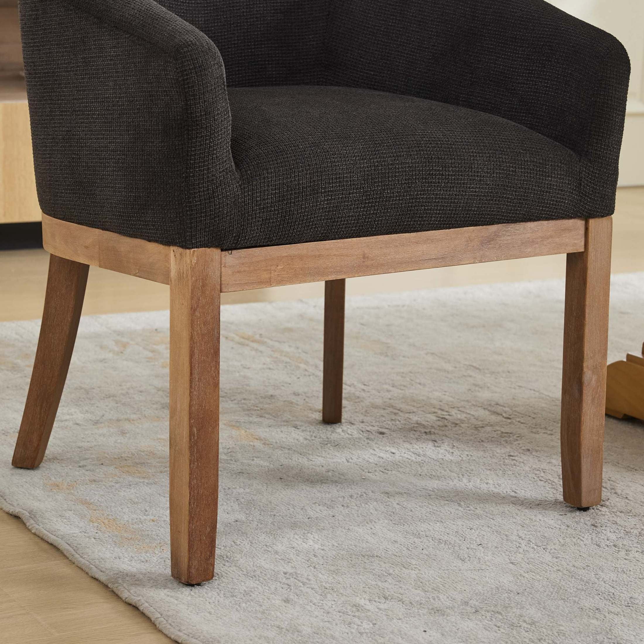 Noble House Barrel Dining Chair with Arms, Linen Upholstery, Rubberwood Frame, Charcoal Gray