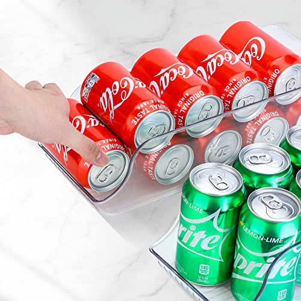 Puricon 2 Pack Can Drink Dispenser Organizer for Refrigerator, Clear Plastic Soda Pop Can Holder Container Storage Bin for Fridge Freezer Pantry Cabinet Kitchen -for Standard Can