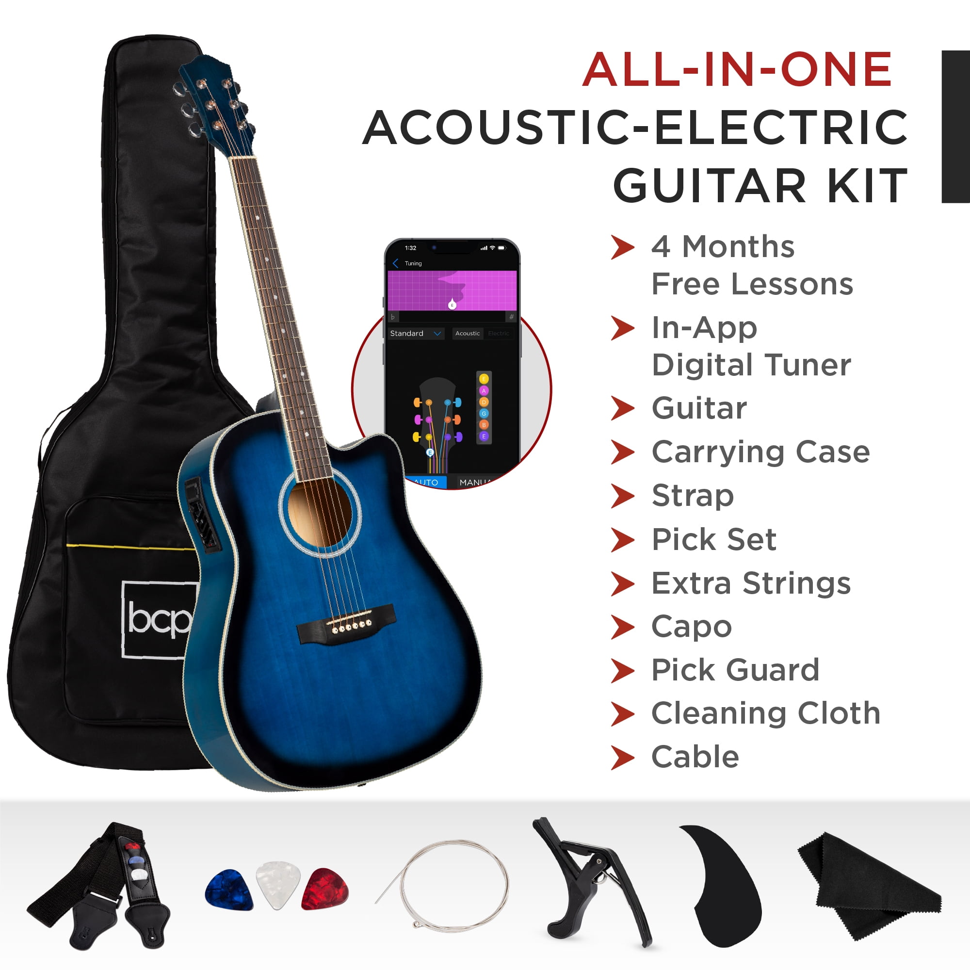 Best Choice Products Beginner Acoustic Electric Guitar Starter Set 41in w/ All Wood Cutaway Design, Case - Blue