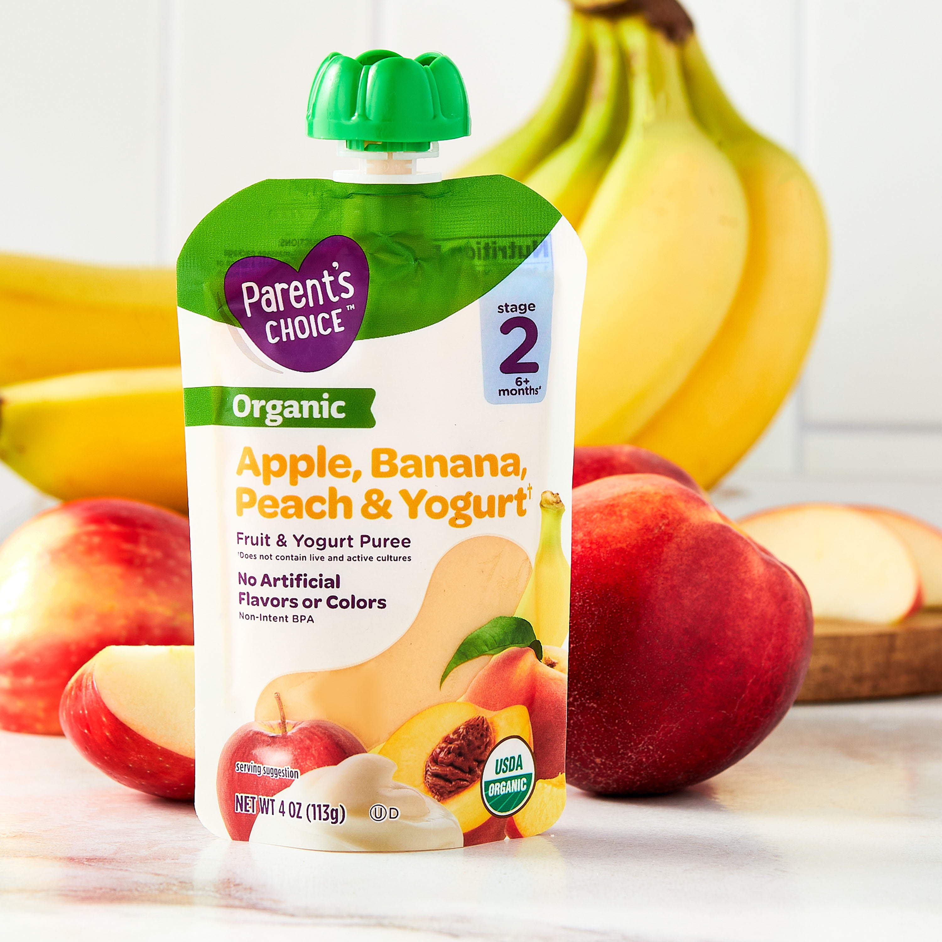 (12 pack) Parent's Choice Organic Stage 2 Baby Food Apple, Banana, and Peach Fruit and Yogurt Puree, 4 oz Pouch