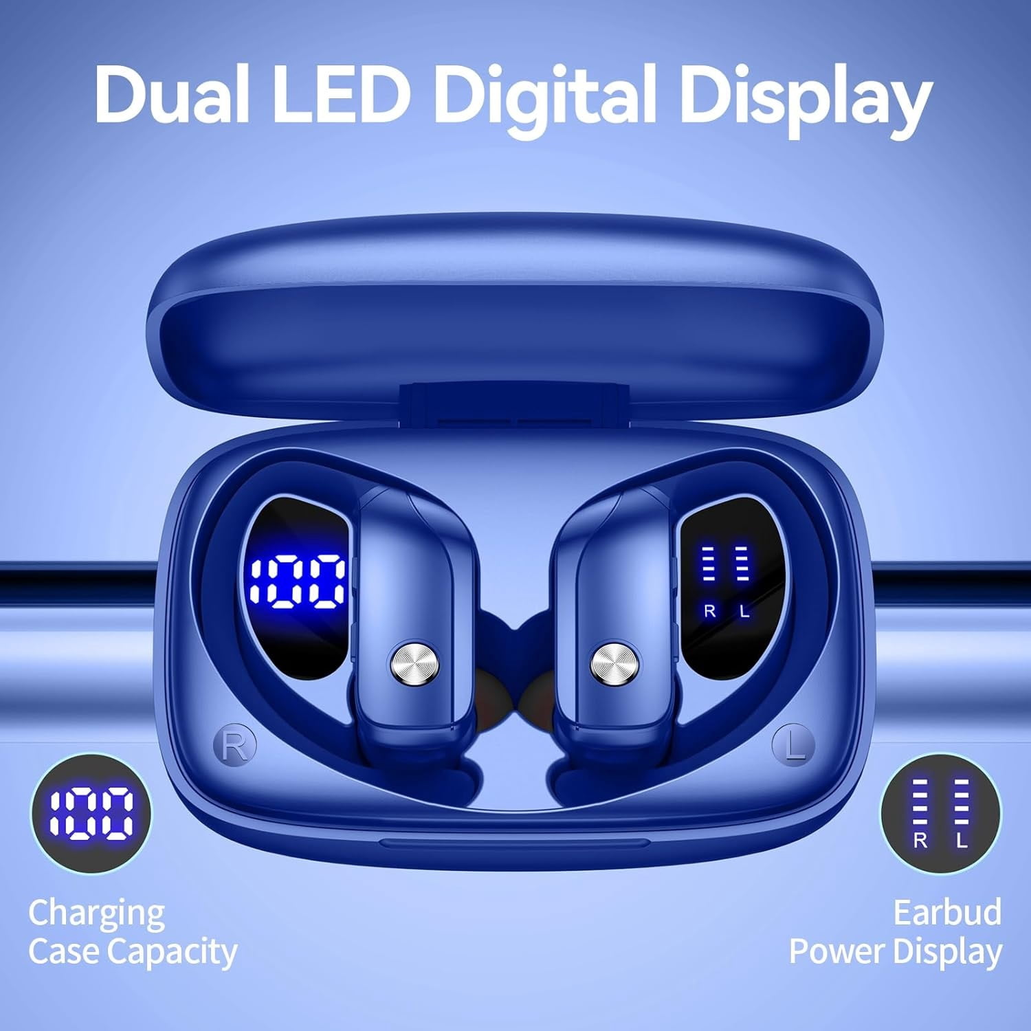 Ear Buds Wireless Earbuds Bluetooth Headphones with 80H Playtime LED Display Case, Over-Ear Hook with Mic, Stereo Sound, Easy Button Controls, Sports Earphones for Running Workout Gym