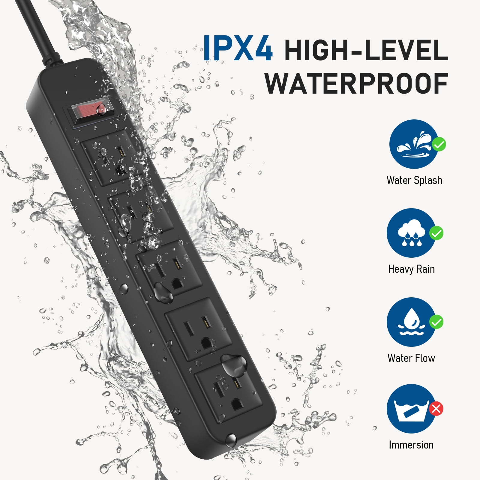 VILONG Outdoor Power Strip Waterproof,5 Outlets Charging,1700J Surge Protector,6ft Extension Cord,Flat Plug,for Yard &Camping,ETL Listed,Black