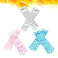 thumbnail image 2 of Juego de 3 pares de guantes de satén para niñas, con lazo para bodas y fiestas infantiles (blanco, rosa y azul claro)., 2 of 7
