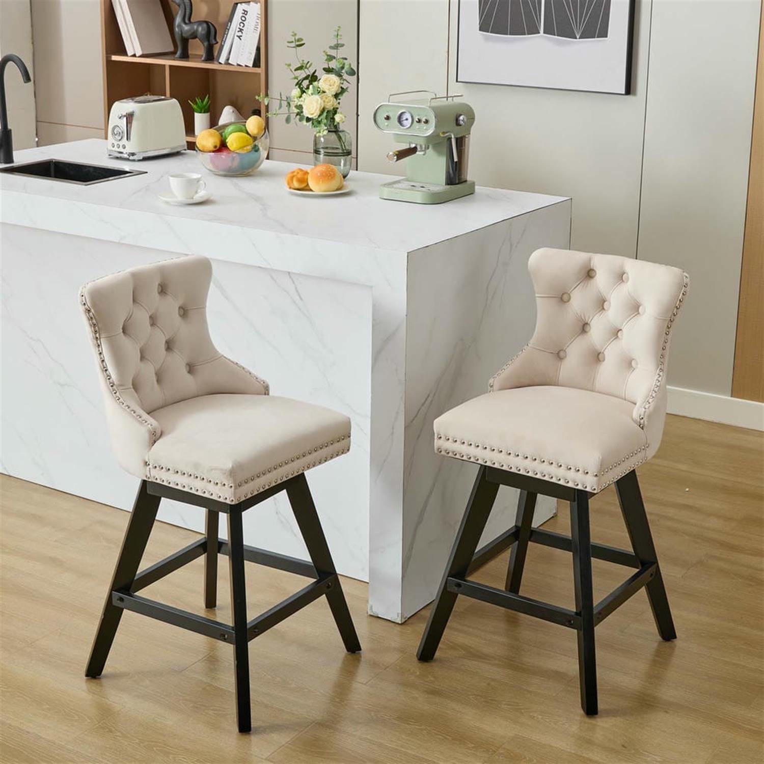 Demi Bonn 38" Counter Height Bar Stools Set of 2, Velvet Swivel Barstools with Button Tufted Back, Kitchen Island Countertop Chairs for Dining Room, Beige