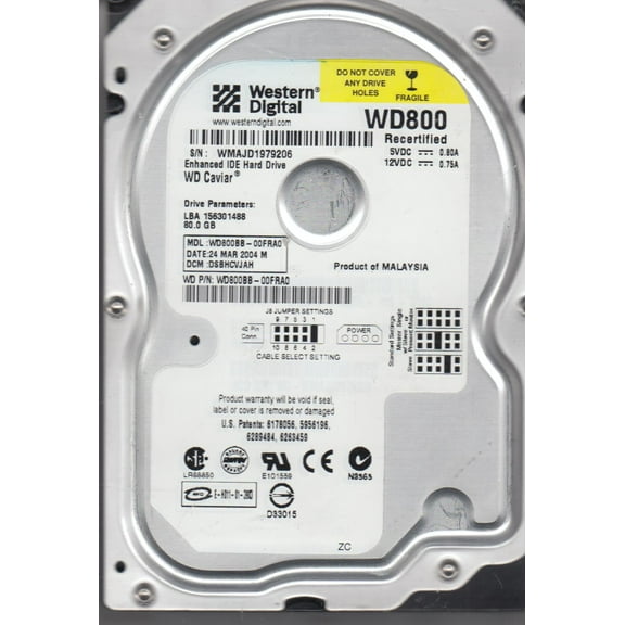 WD800BB-00FRA0, DCM DSBHCVJAH, Western Digital 80GB IDE 3.5 Hard Drive