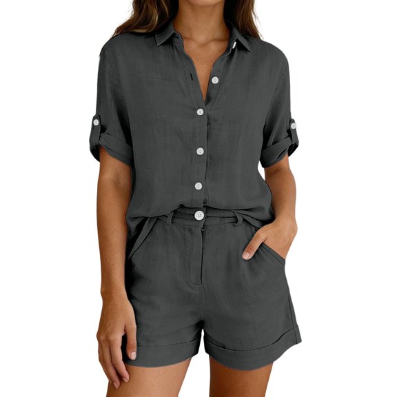 WAYUTE Womens Shorts Set 2 Piece Summer Short Sleeve Button Down Solid Color Shirt and Shorts Casual Business Beach Outfit Outfit Sets