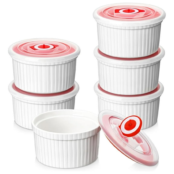 Ramekins with Lids 8 oz - Set of 6, White Porcelain Creme Brulee Souffle Ramekins with Covers, Ceramic Custard Cups for Baking, Dishwasher and Oven Safe