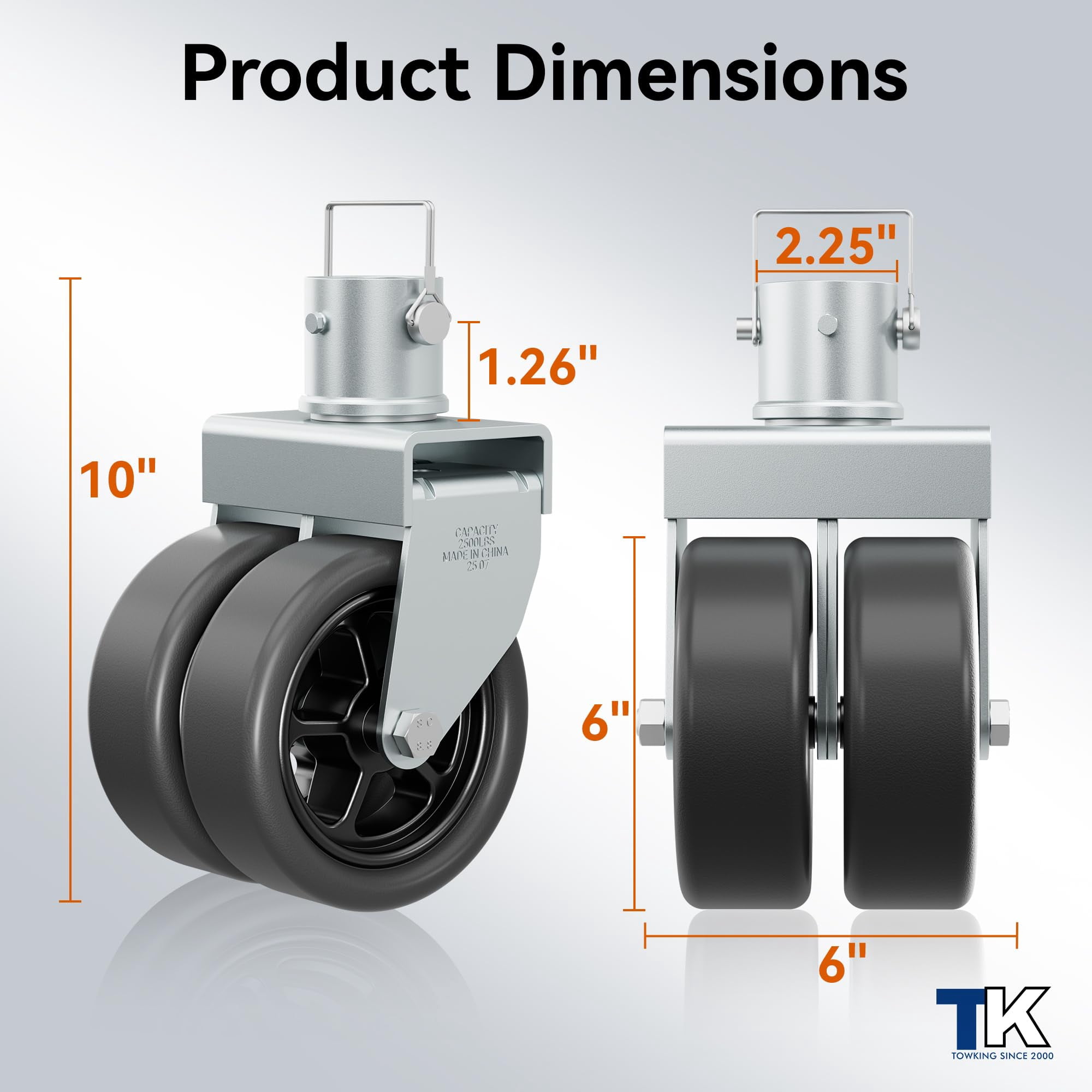 TOWKING 2,500lbs Dual 6" Trailer Jack Swivel Caster with Upgraded Spoked Wheels and Reinforced Bracket, Silver