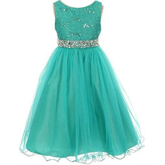 Little Girls Dress Wedding Pageant Sleeveless Lace Crystal Rhinestone Tulle Sash Flower Girl Dress Jade 4 (M3B4K0)