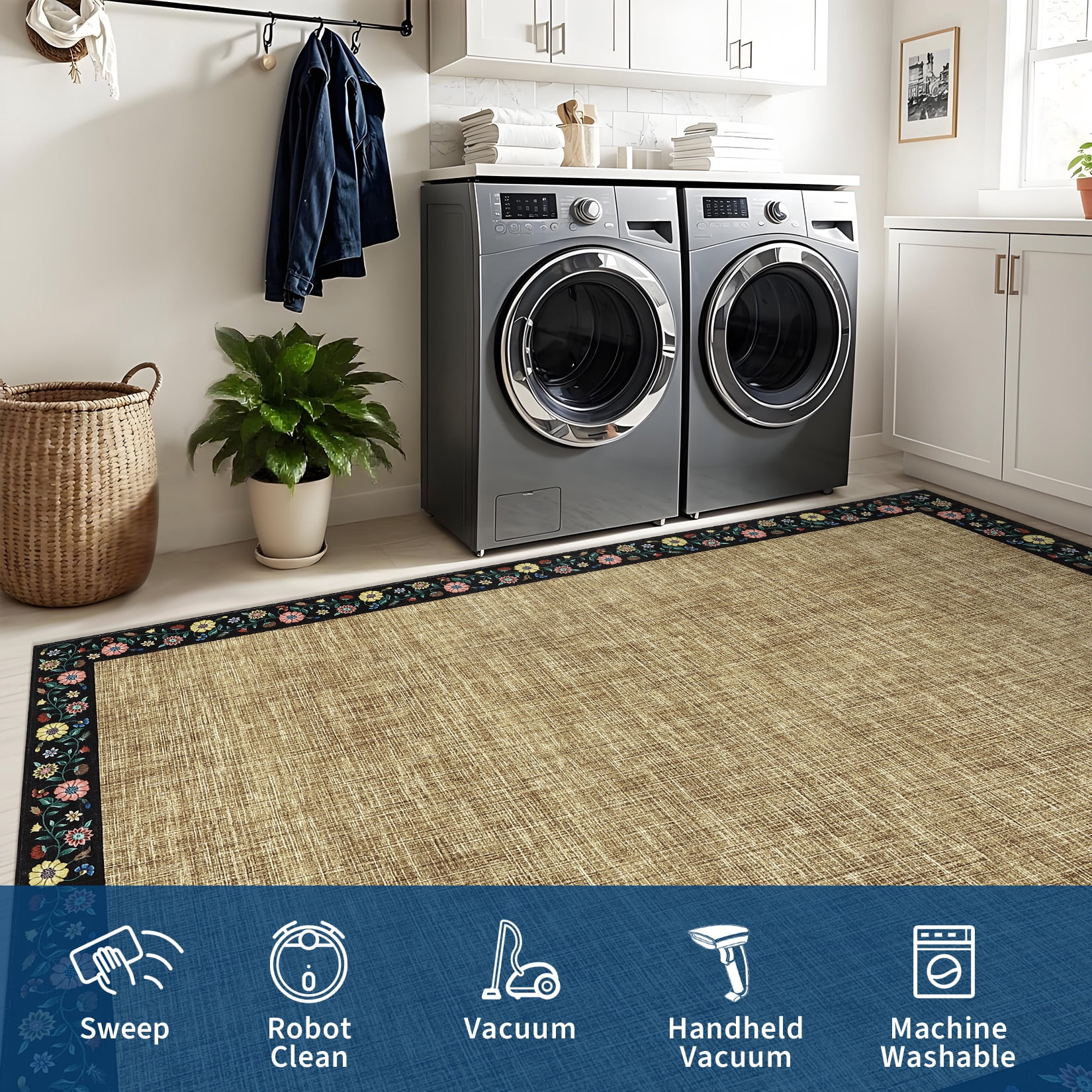 HOMERRY Floral Border Runner 2' x 6' for Hallway Modern Washable Throw Rugs for Kitchen Indoor Carpet, Yellow
