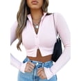 thumbnail image 2 of Yuemengxuan Women Casual Zipper Coat Long Sleeve Lapel Neck Knitting Elastic Short Tops, 2 of 8