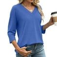 thumbnail image 5 of PiGOGI Women's Long Sleeve Shirt Women's Fashion Solid Color T-shirt 3/4 Sleeves Blouse Round Neck Casual Tops Blue, 5 of 5
