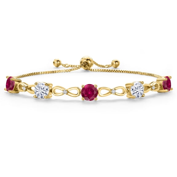 Gem Stone King 18K Yellow Gold Plated Red Created Ruby and White Moissanite Tennis Bracelet for Women | 4.66 Cttw | Gemstone July Birthstone | Round 6MM | Fully Adjustable up to 9 inch