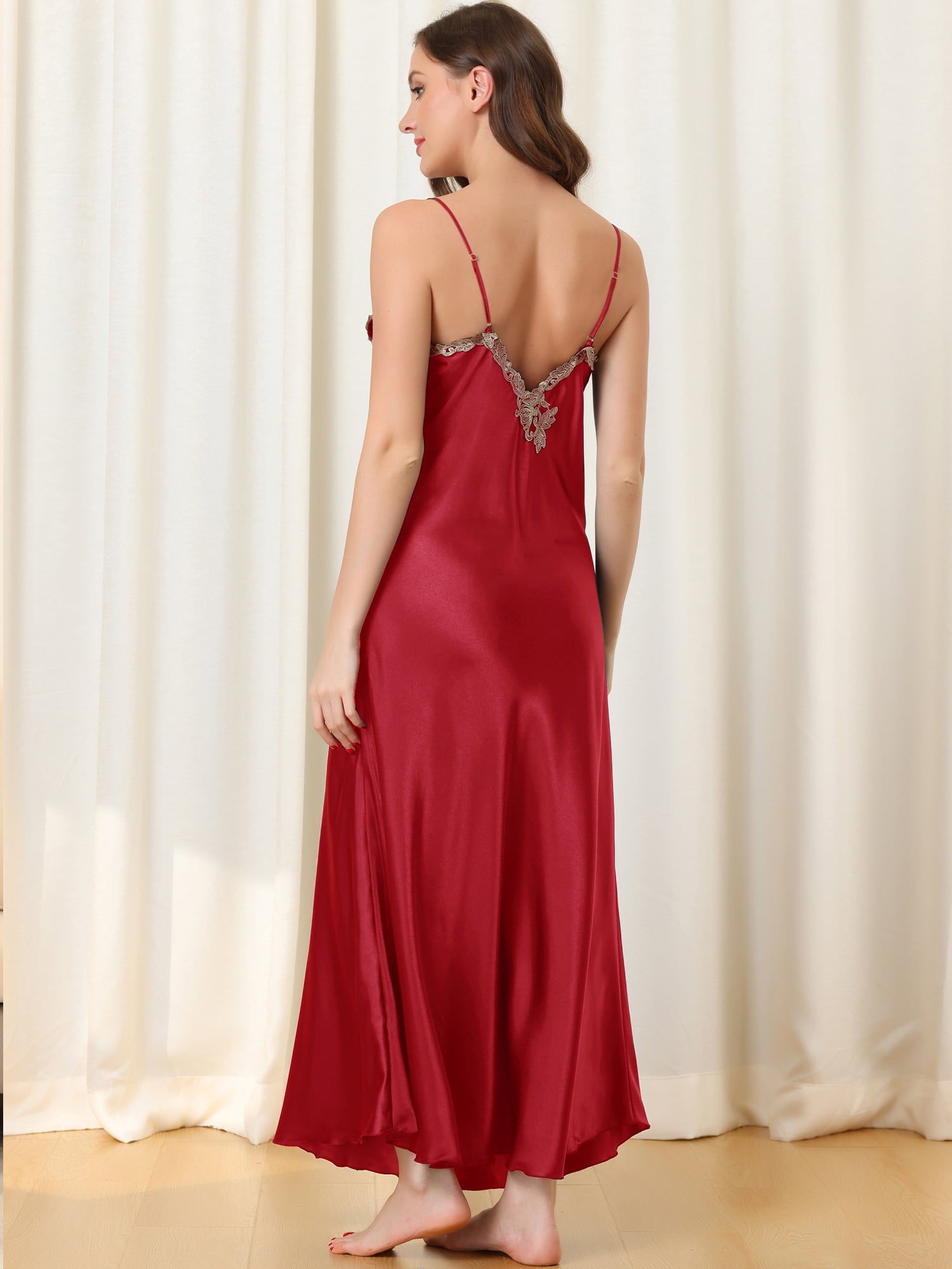 Unique Bargains Womens Satin Sleeveless Nigthgown Lace Sleepwear Pajama Dress