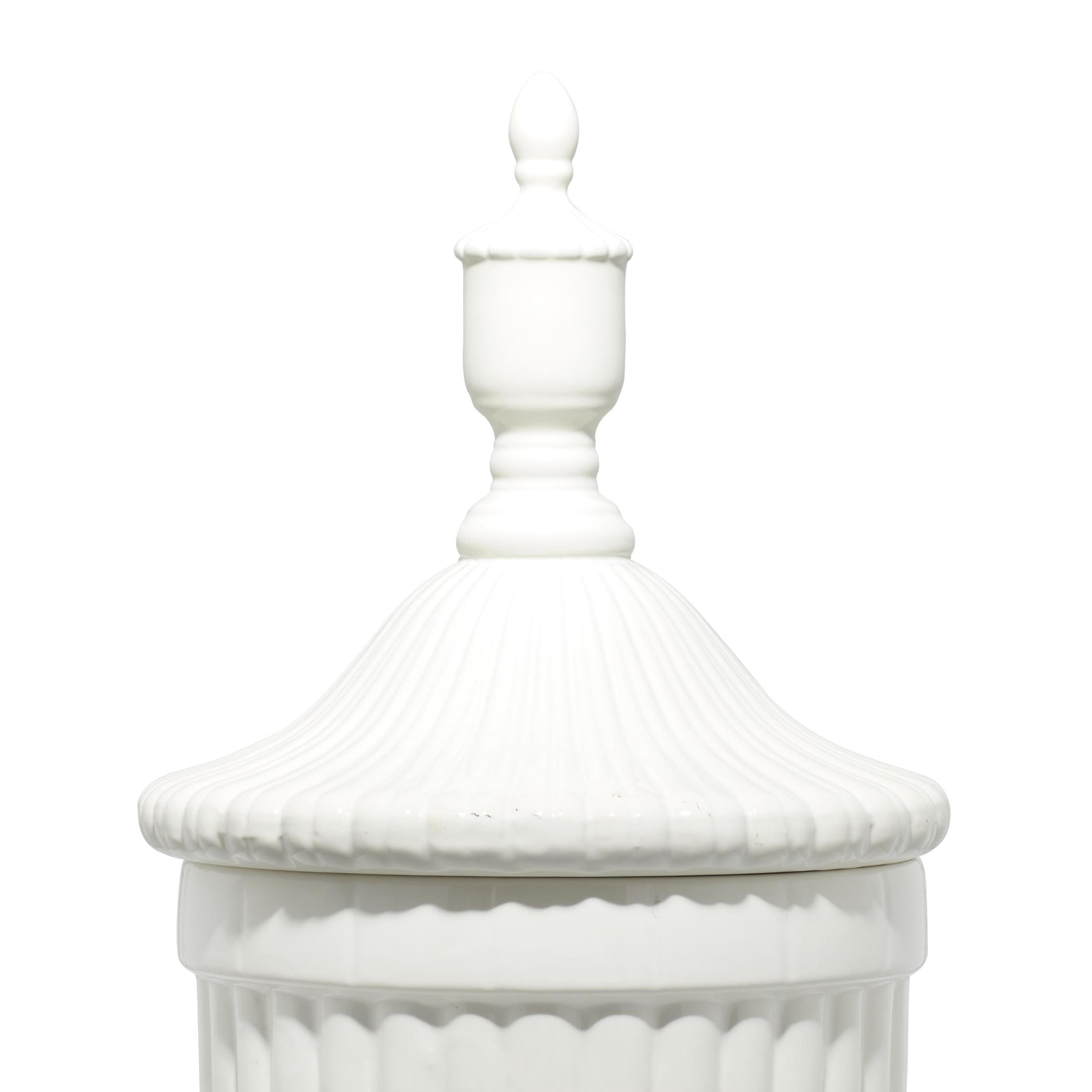 DecMode 12" x 32" White Ceramic Tall Fluted Urn Decorative Jars with Grooves and Lid, 1-Piece