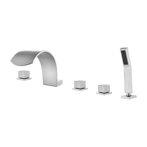 Cobbe Deck Mount Bathroom Bathtub Faucet with 2 Switches, 1 Diverter Knob, 3.74-Inch Wide Waterfall Spout and Handheld Sprayer rushed Nickel