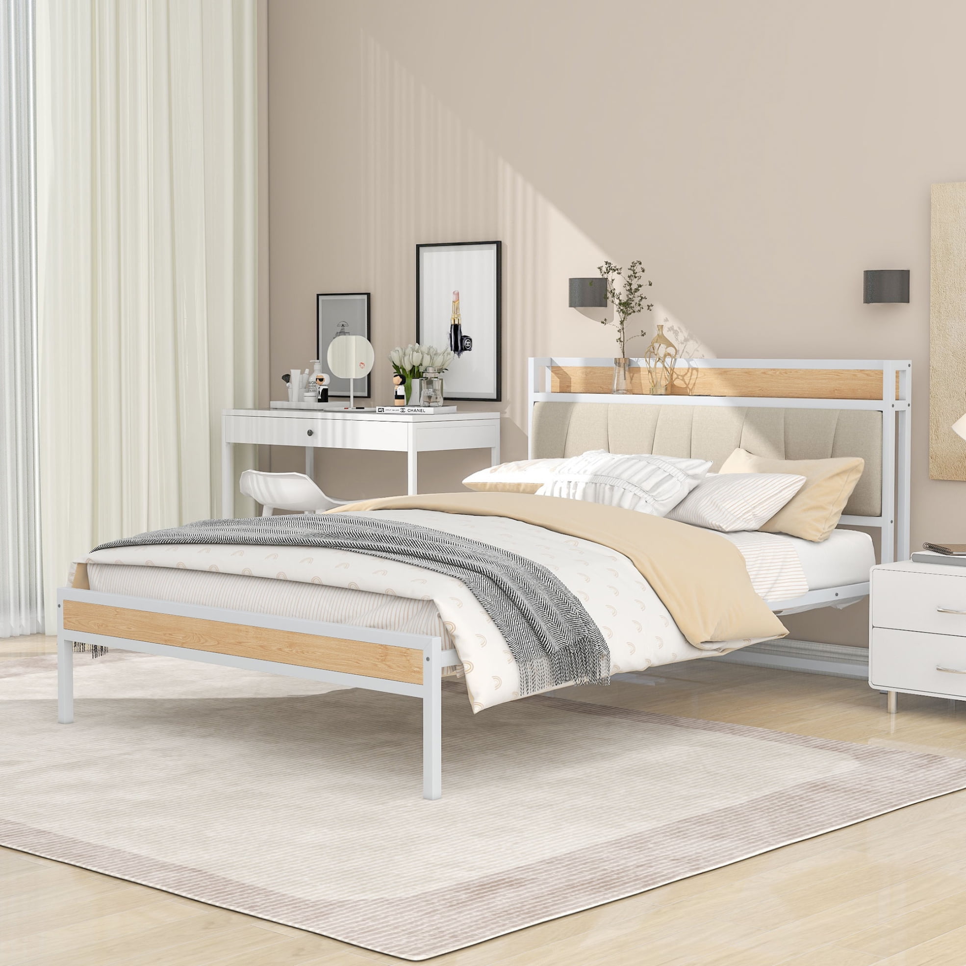 Metal Platform Bed, Full Size Platform Bed Frame with Upholstered