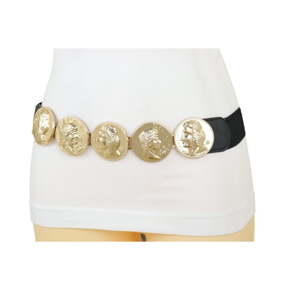 Women Black Elastic Belt Gold Metal Greek Medallion Coin Charm S M