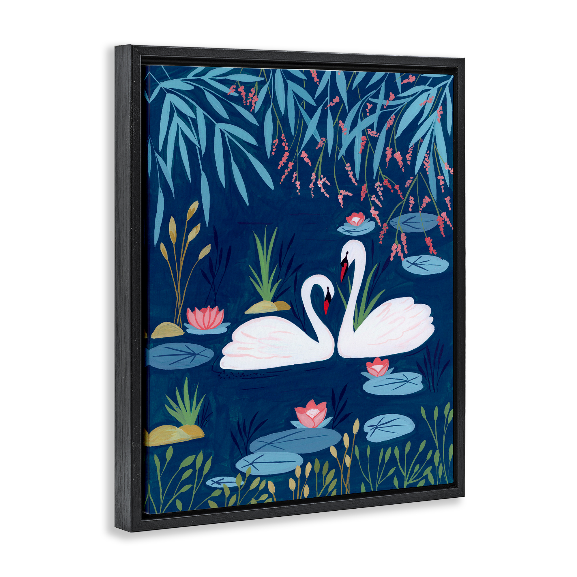 Swan Pair on Blue Pond Black Framed Floater Canvas Wall Art, design by Nabeela Rumi