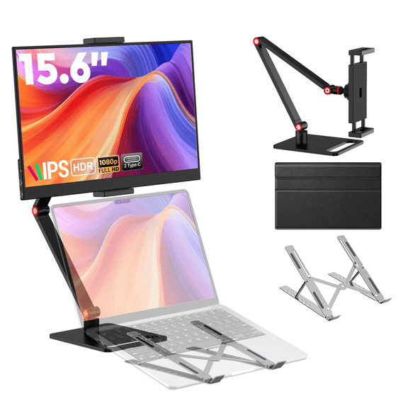 15.6" Portable Monitor for Laptop,FHD 1080P IPS Laptop Screen Extender with Adjustable Stand & Laptop Stand,USB-C HDMI Travel Display for PC/Mac/Phone/PS5/Xbox/Switch