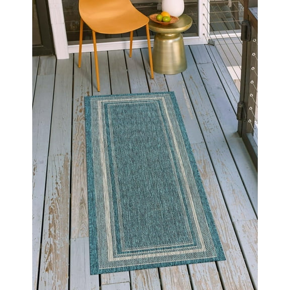 Unique Loom Outdoor Border Collection Area Rug - Soft Border (2' x 8' Runner Teal/Ivory)