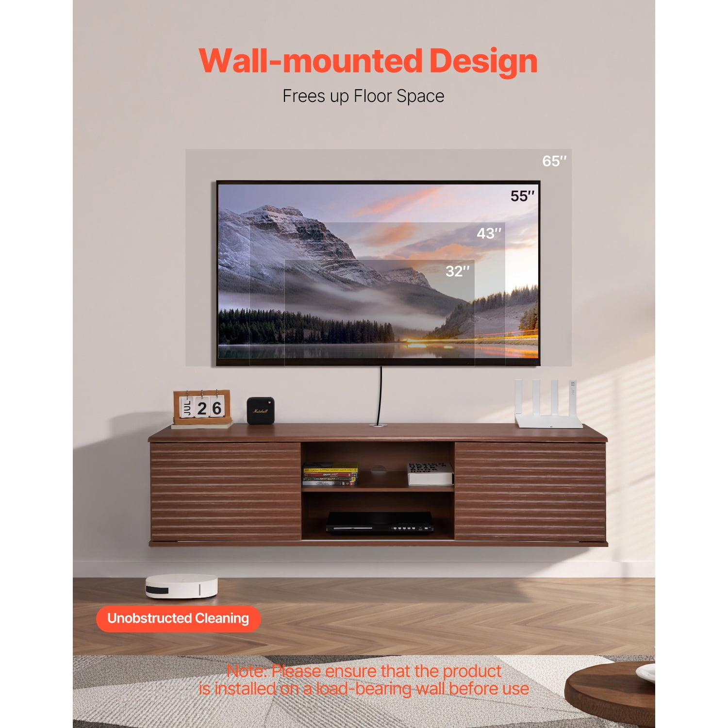 KFFKFF Suspended TV Unit, 60" Wall-Fixed Media Hub with Modifiable Rack & Glide Doors, Dual-Level Suspended TV Ledge with Storage Compartment for DVD Device, Cable Organizer, Gaming System, Walnut