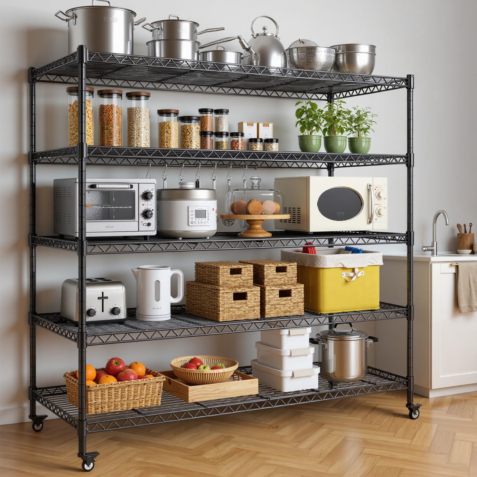 AIRAJ 5-Tier Heavy Duty Metal Shelving Unit with Wheels, 3000lbs Capacity Industrial Wire Storage Rack, Adjustable Garage Shelves & Workshop Organizer, 46"W x 16"D x 72"H