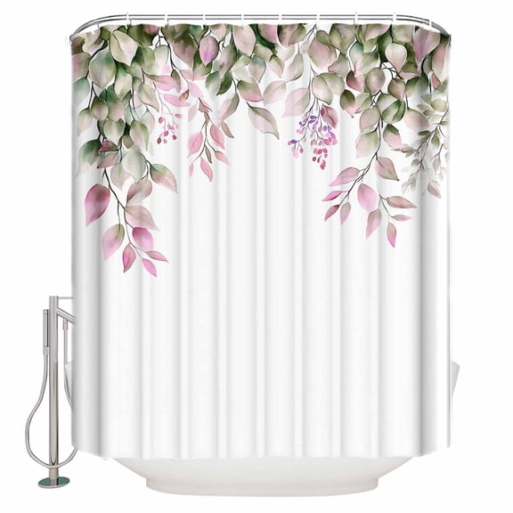 Extra Long Shower Curtain 72x84 Inch, Pink Green Eucalyptus Shower Curtain Waterproof Bathroom Decor Spring Leaves Watercolor Fruit Fabric Bath Curtain Set Accessories with Hooks